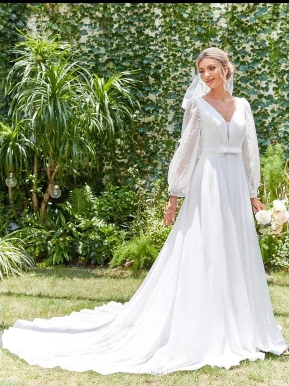 SHEIN White Long-Sleeve V-Neck Sequin Wedding Dress